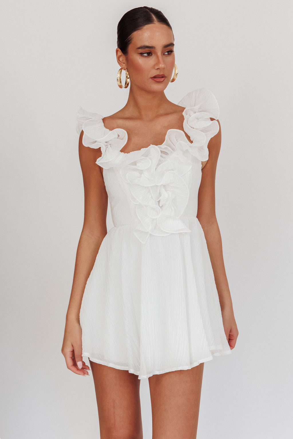 Nivaya Ruffle Neckline Mini Dress White by Selfie Leslie