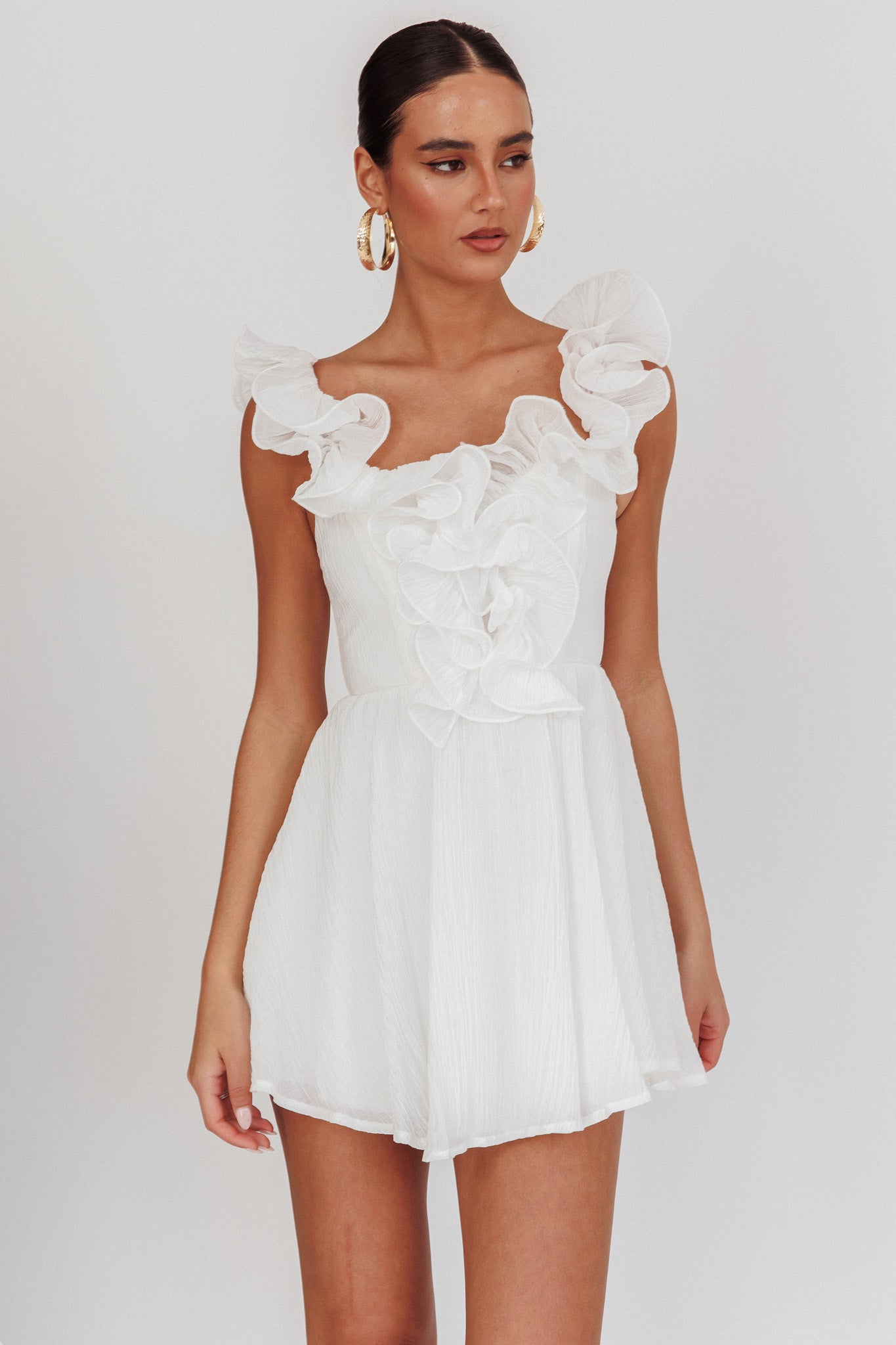 Nivaya Ruffle Neckline Mini Dress White by Selfie Leslie