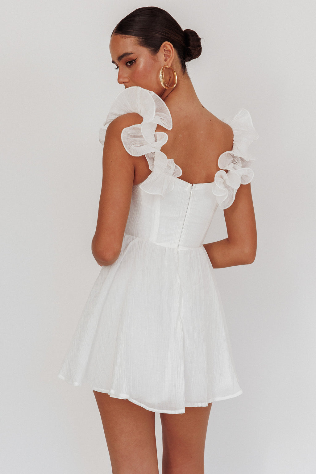 Nivaya Ruffle Neckline Mini Dress White by Selfie Leslie