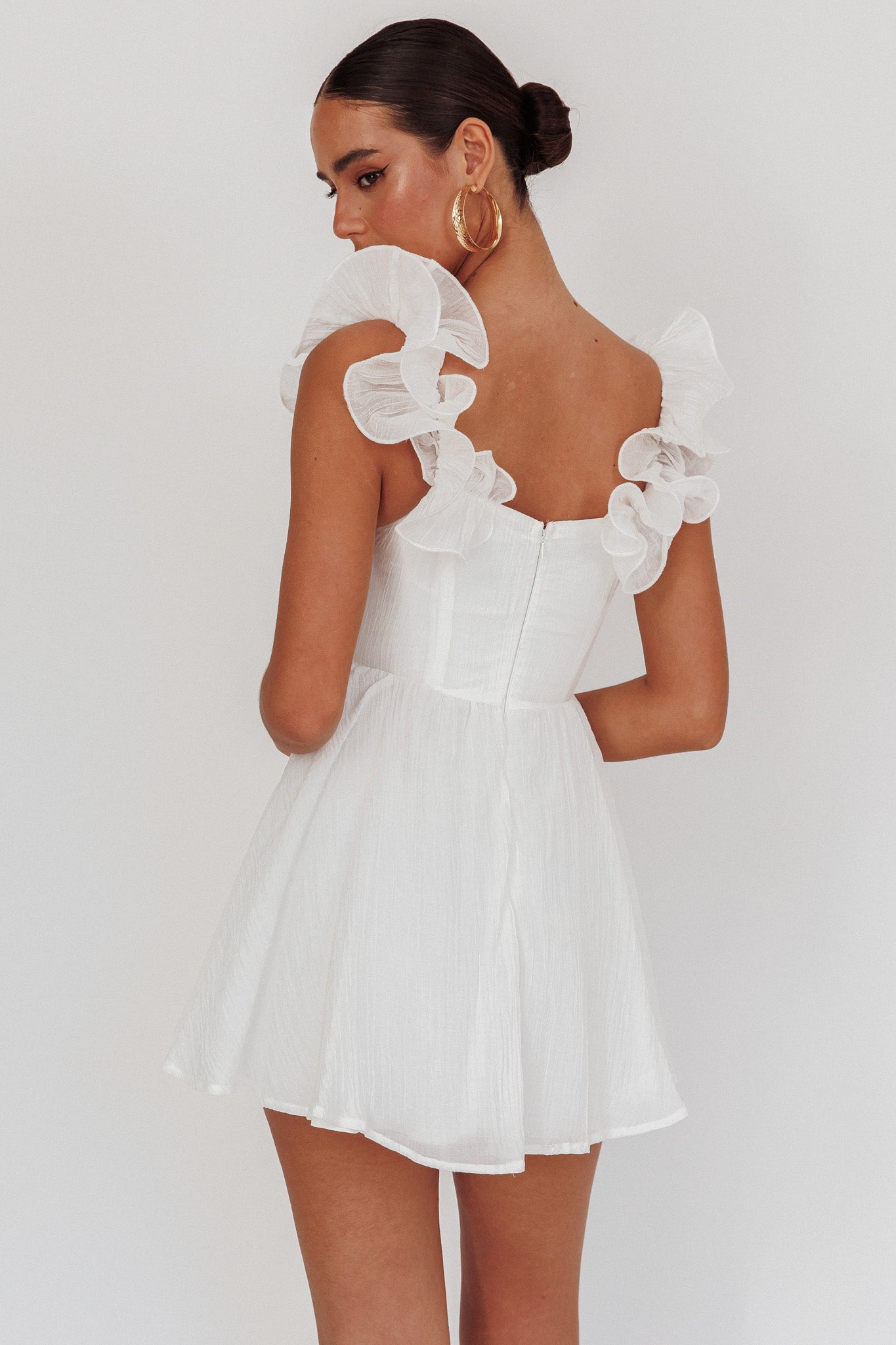 Nivaya Ruffle Neckline Mini Dress White by Selfie Leslie