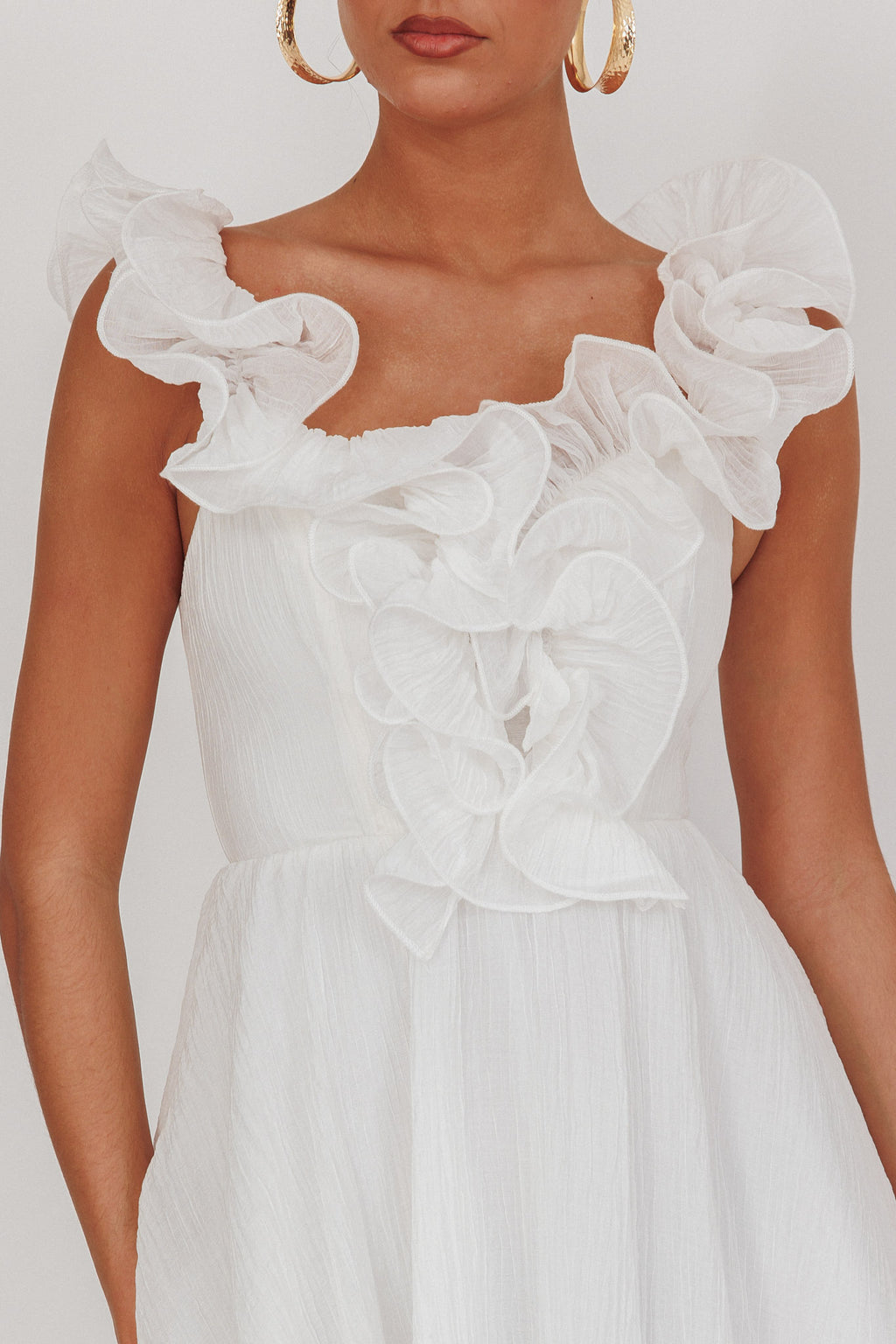 Nivaya Ruffle Neckline Mini Dress White by Selfie Leslie