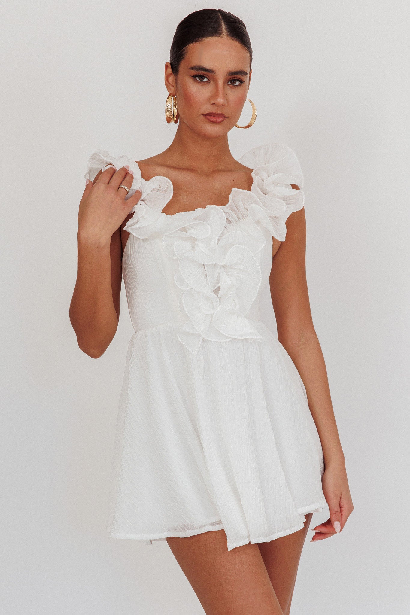 Nivaya Ruffle Neckline Mini Dress White by Selfie Leslie