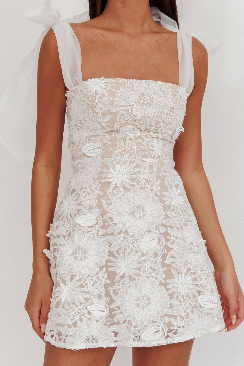 Suns Out Tied Shoulder Embellished Mini Dress White Suns Out Tied Shoulder Embellished Mini Dress White