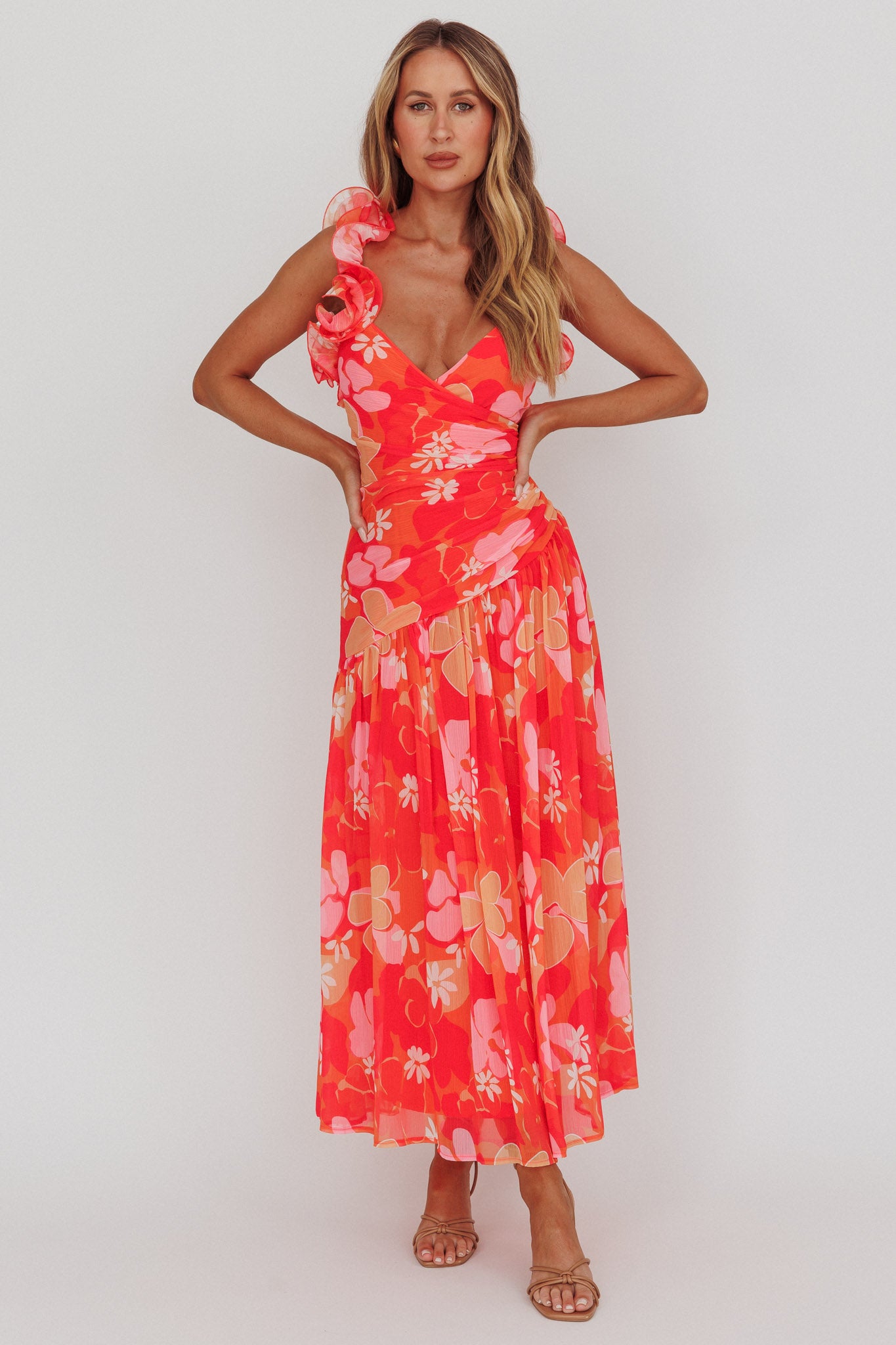 Kinley Ruffle Strap Maxi Dress Floral Orange M