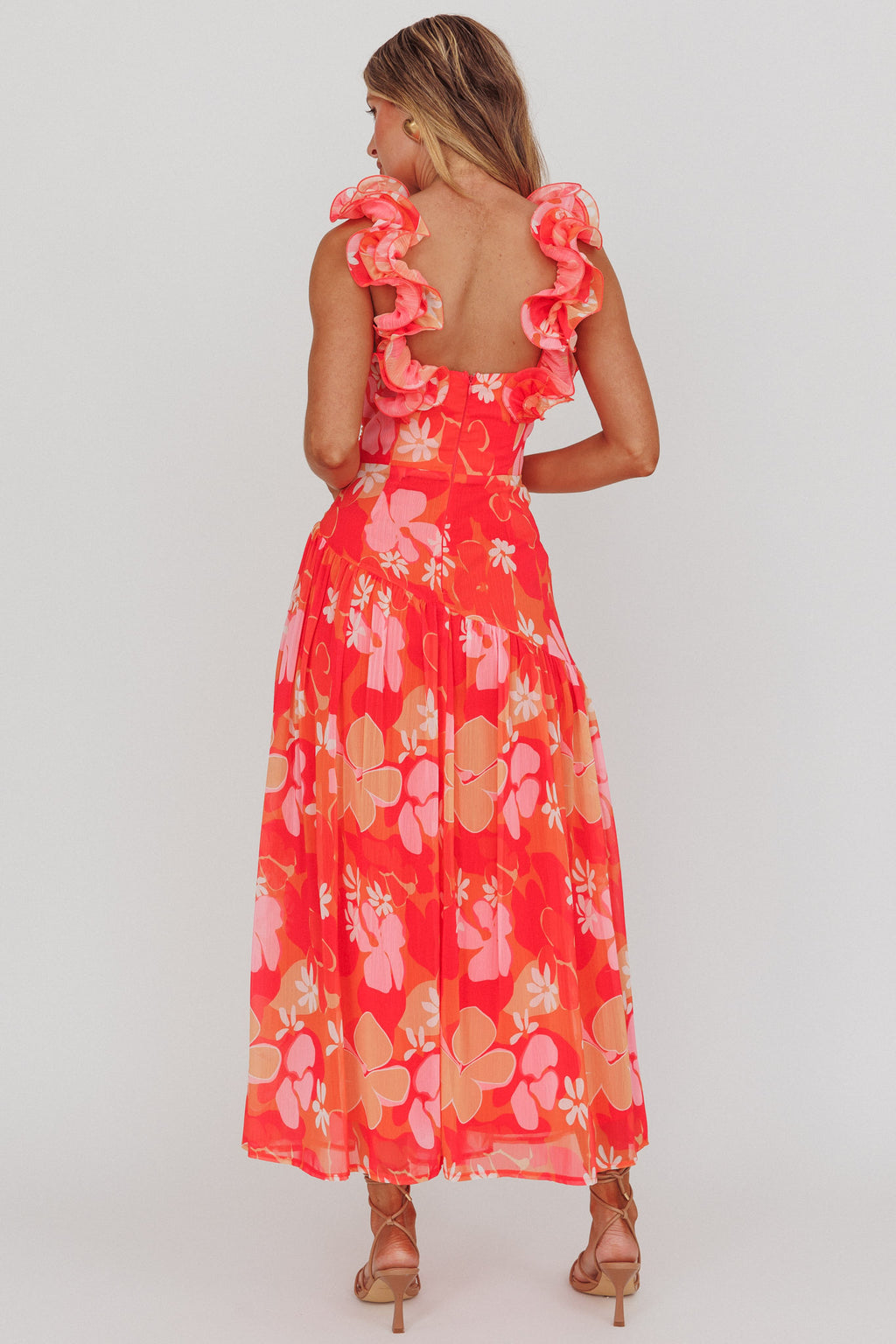 Kinley Ruffle Strap Maxi Dress Floral Orange by Selfie Leslie