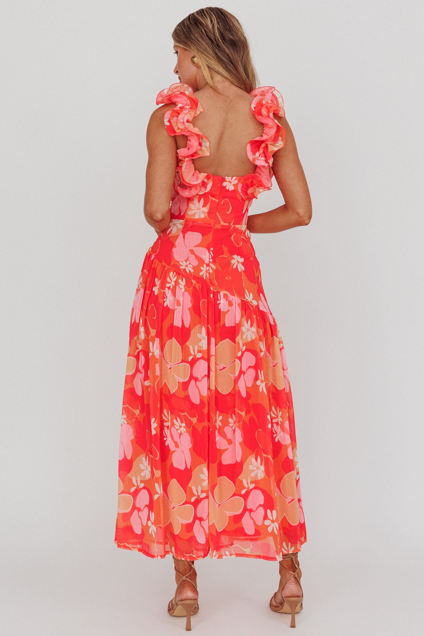 Kinley Ruffle Strap Maxi Dress Floral Orange by Selfie Leslie