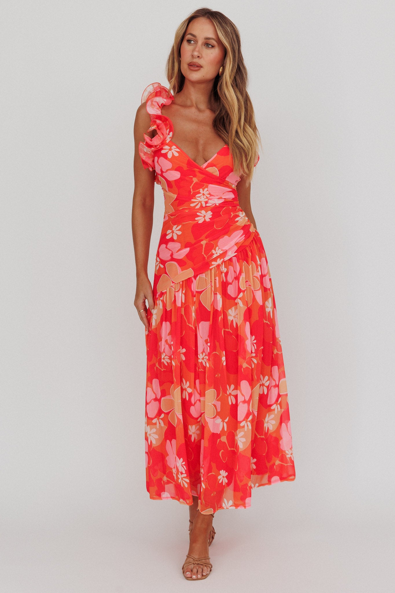 Kinley Ruffle Strap Maxi Dress Floral Orange by Selfie Leslie
