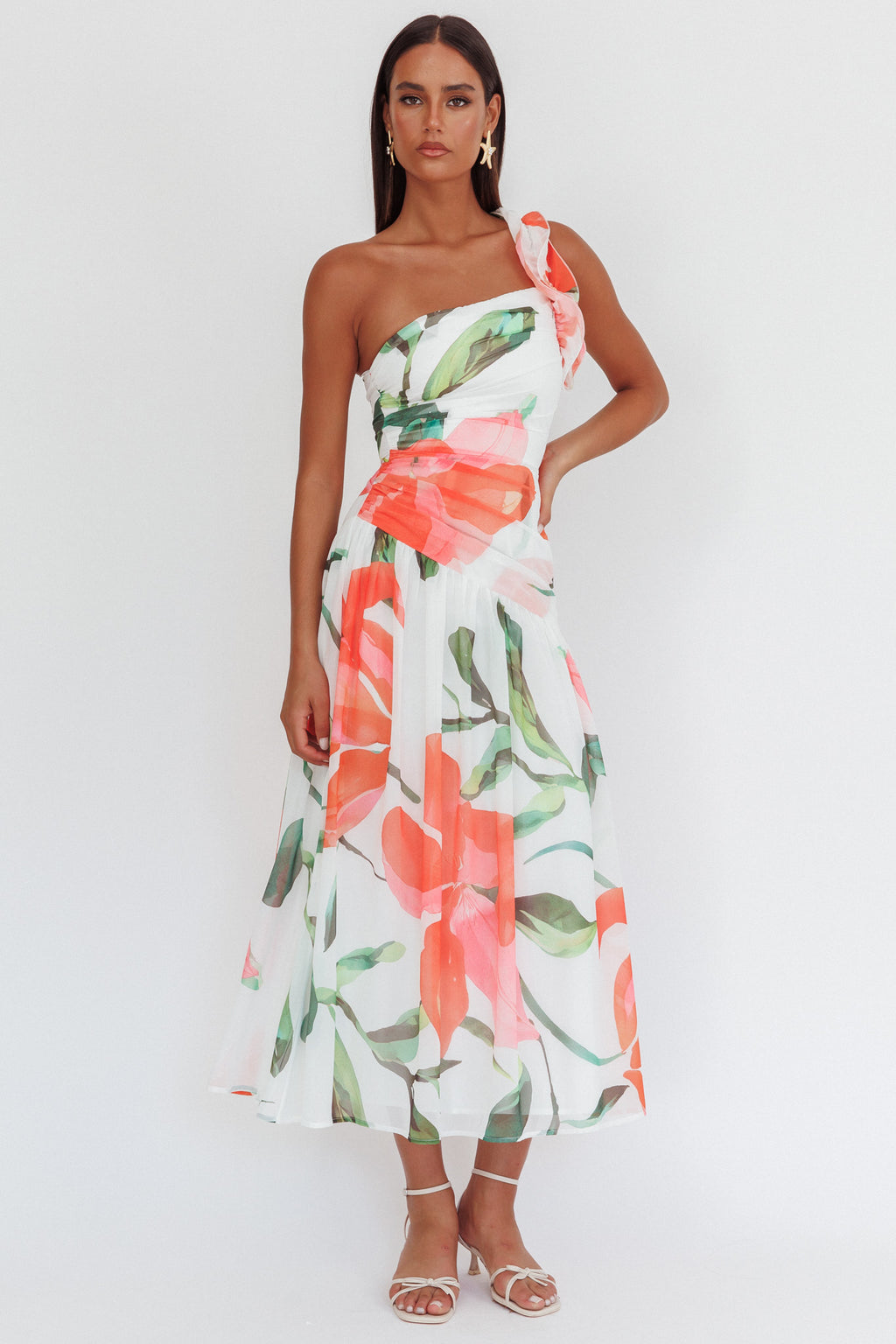 Kinley One-Shoulder Ruffle Maxi Dress Floral Red by Selfie Leslie