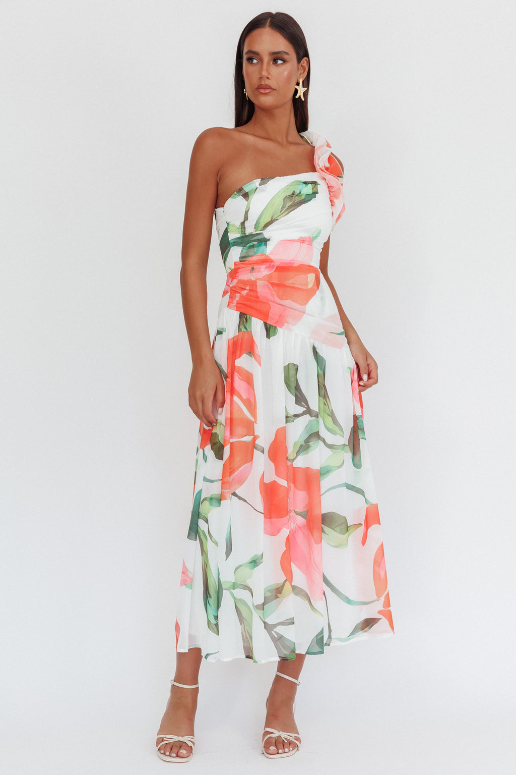 Kinley One-Shoulder Ruffle Maxi Dress Floral Red by Selfie Leslie