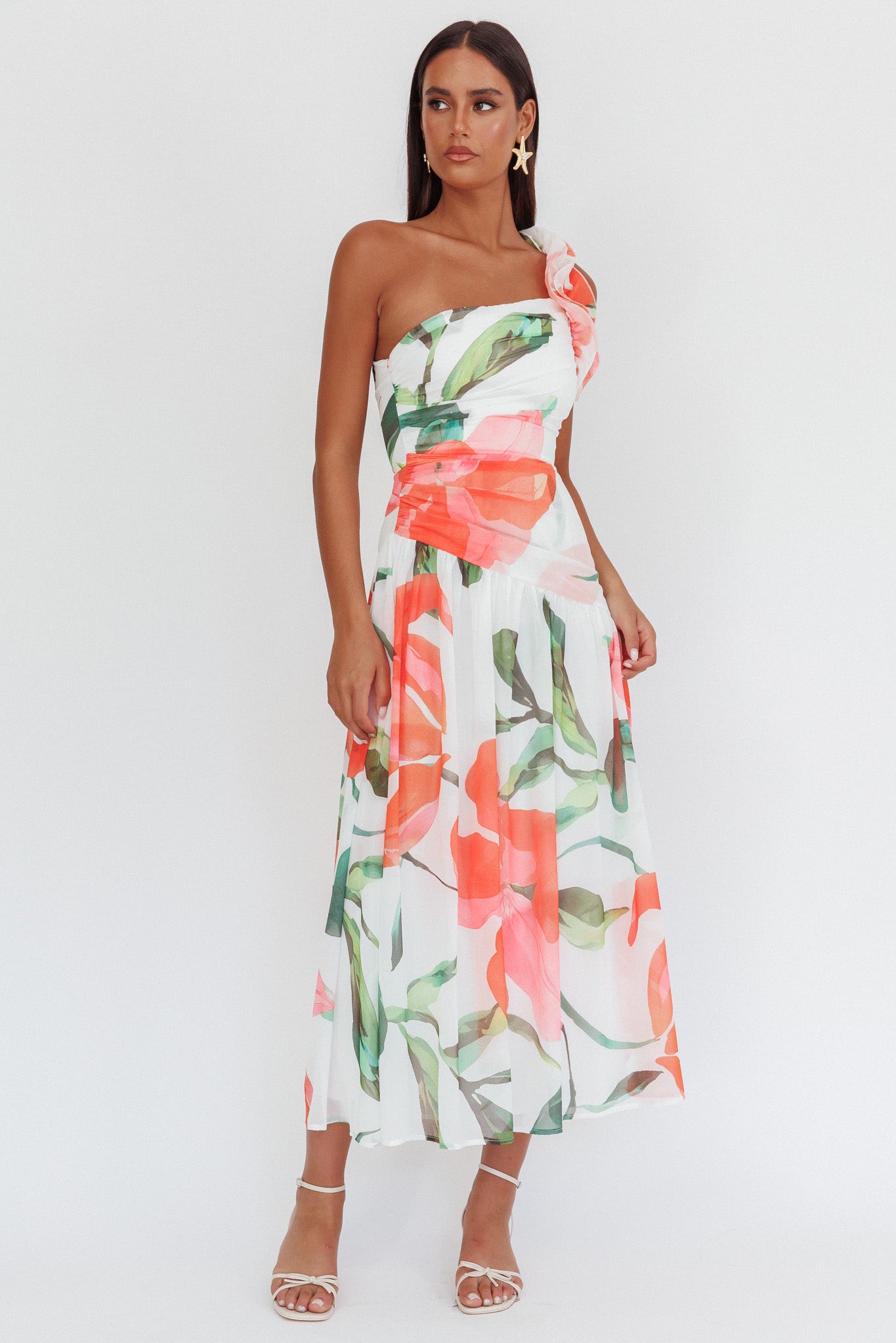 Kinley One-Shoulder Ruffle Maxi Dress Floral Red by Selfie Leslie