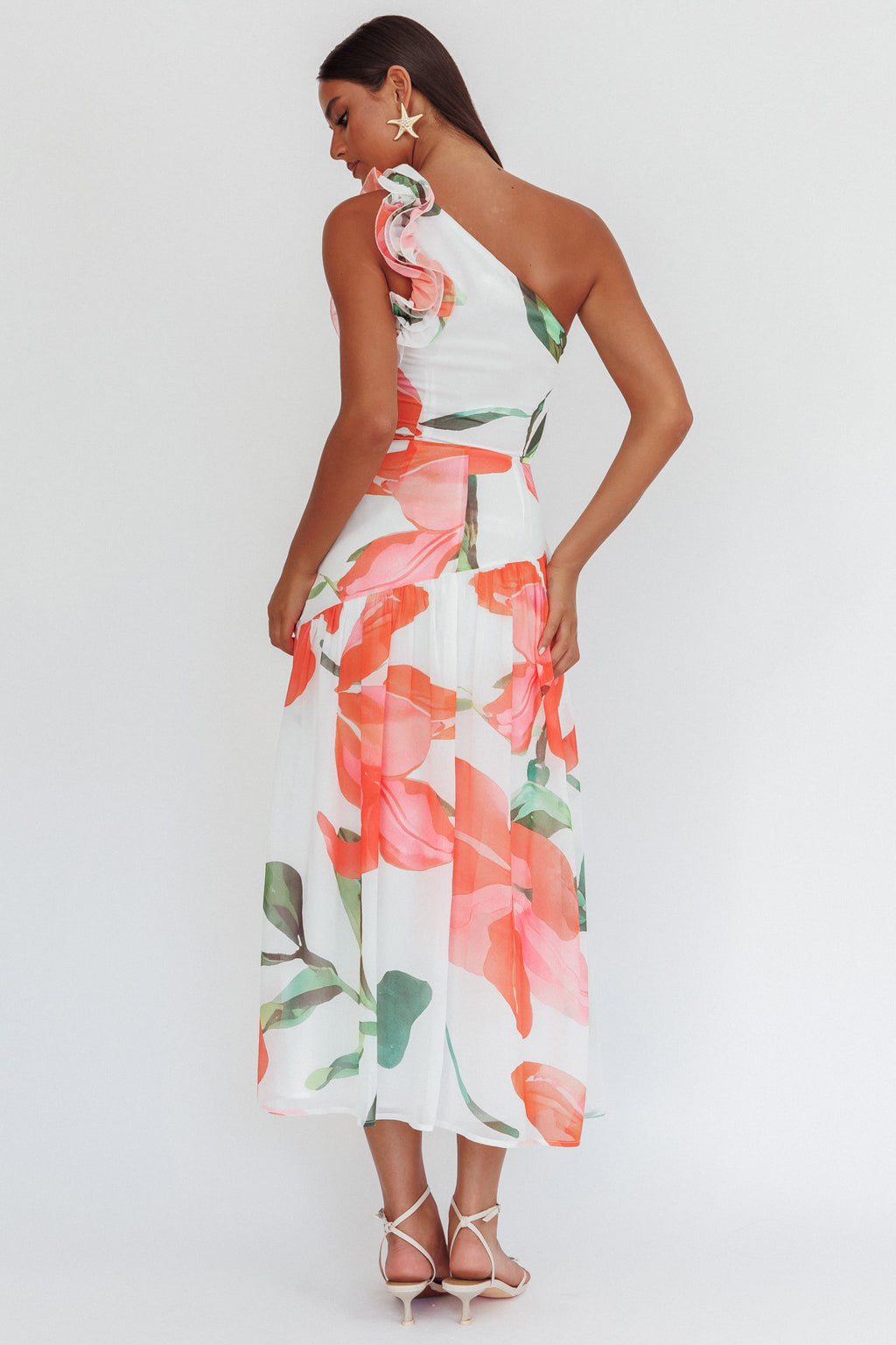 Kinley One-Shoulder Ruffle Maxi Dress Floral Red by Selfie Leslie