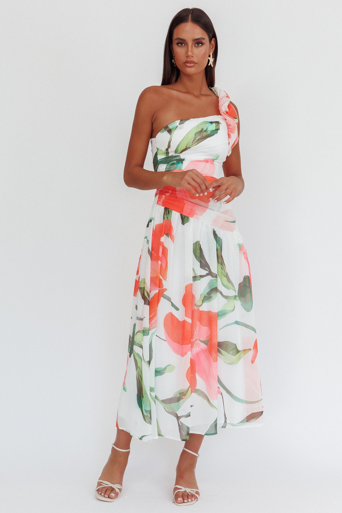 Kinley One-Shoulder Ruffle Maxi Dress Floral Red by Selfie Leslie