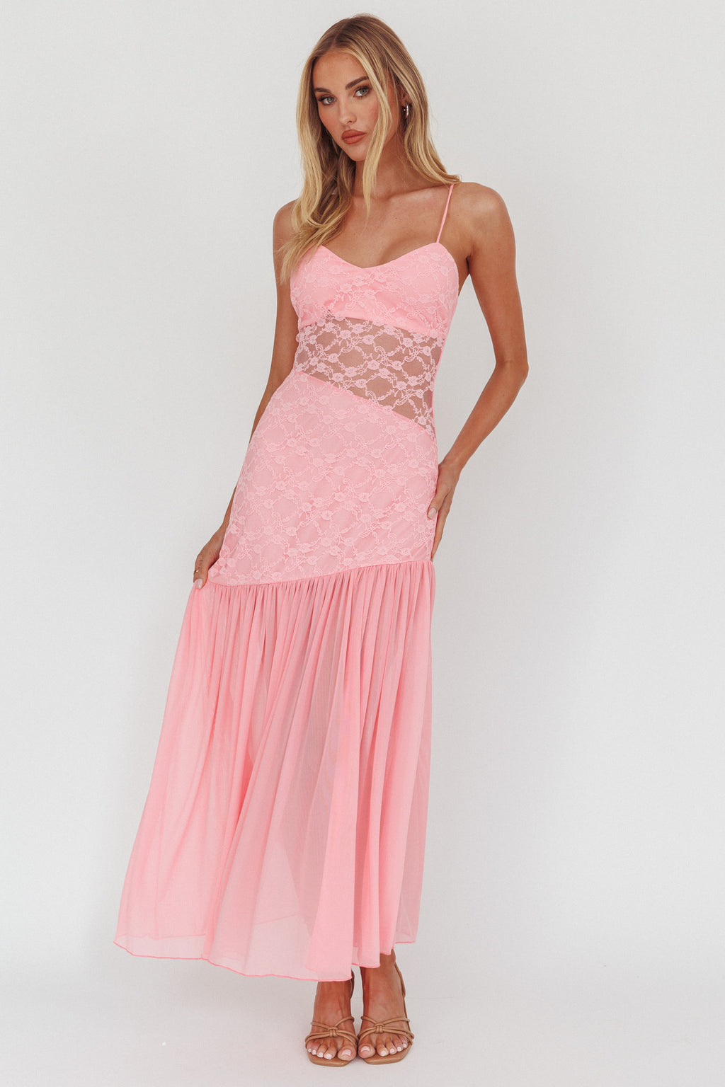 Kinley Sheer Hem Lace Maxi Dress Pink - S