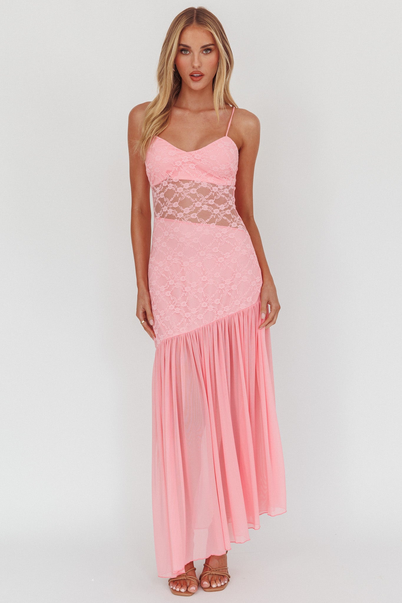 Kinley Sheer Hem Lace Maxi Dress Pink by Selfie Leslie