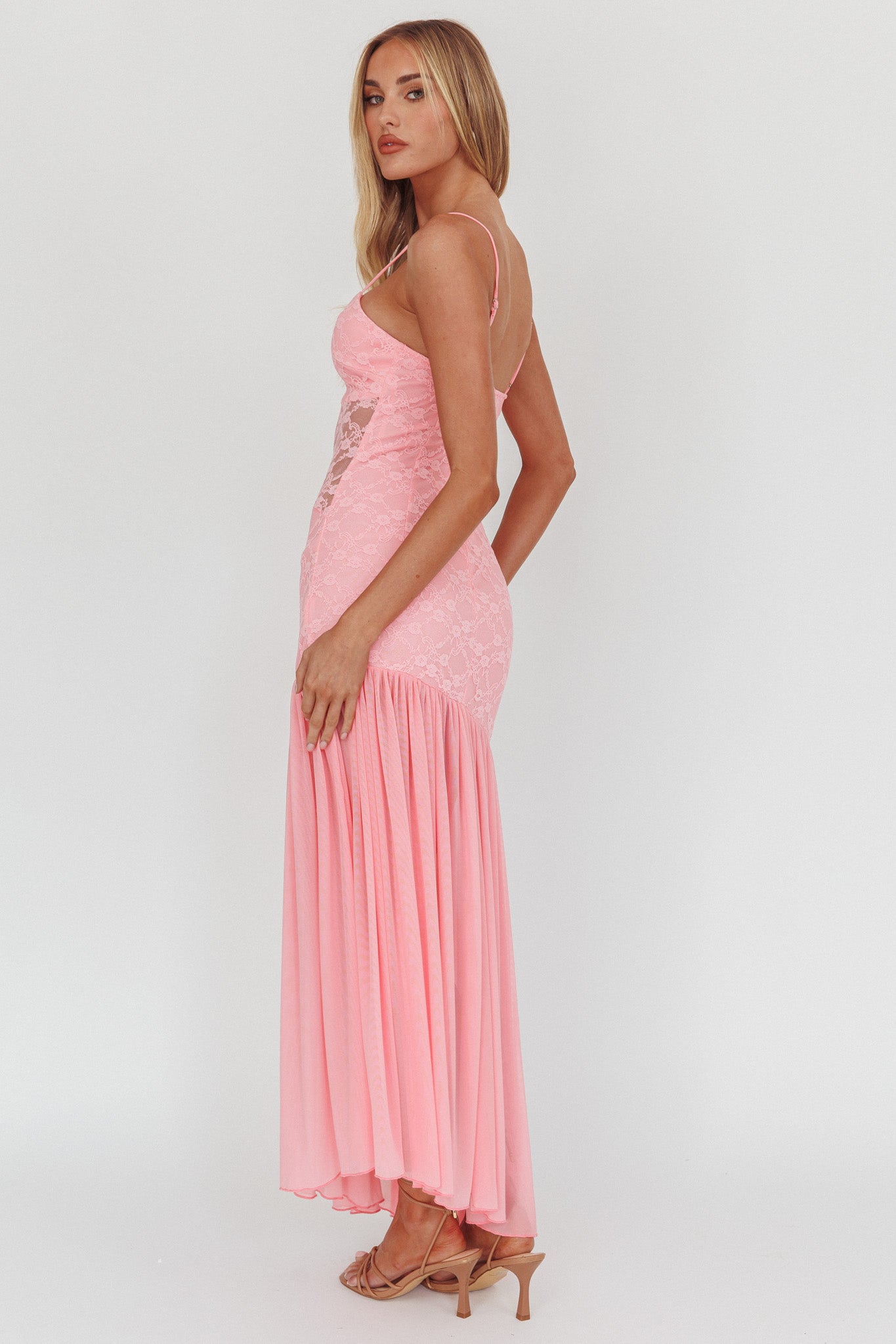 Kinley Sheer Hem Lace Maxi Dress Pink | Selfie Leslie