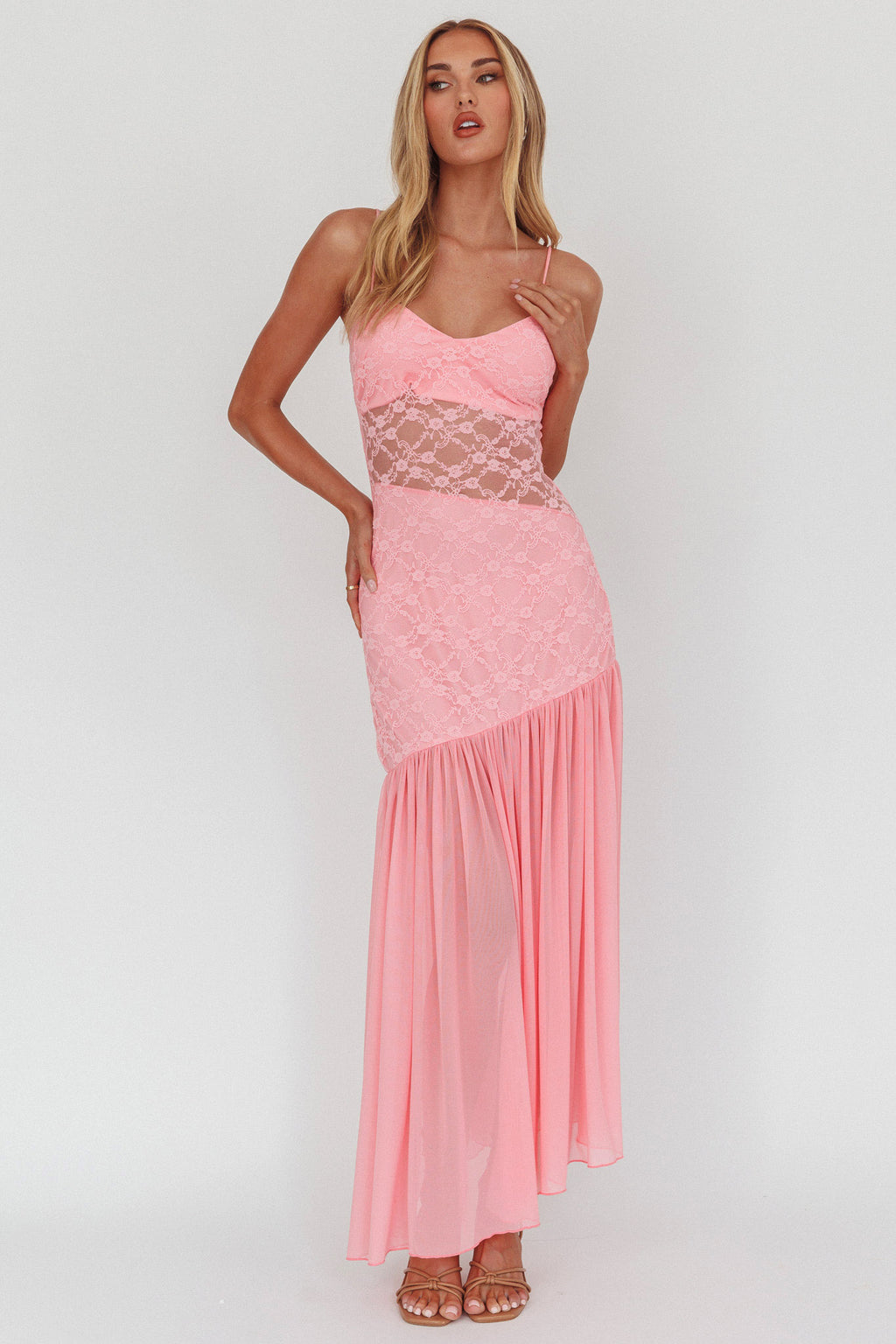 Kinley Sheer Hem Lace Maxi Dress Pink by Selfie Leslie