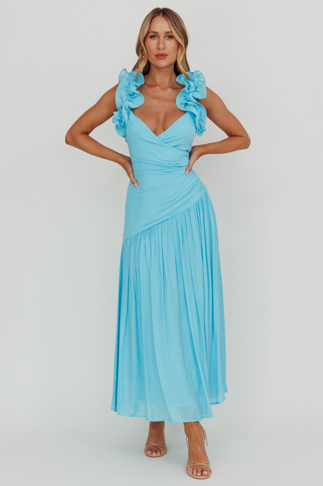 ruffle strap a line dress in blue Luuvis Women Dark Blue A-Line Straps Long Ruffle Tulle Formal Party Dress