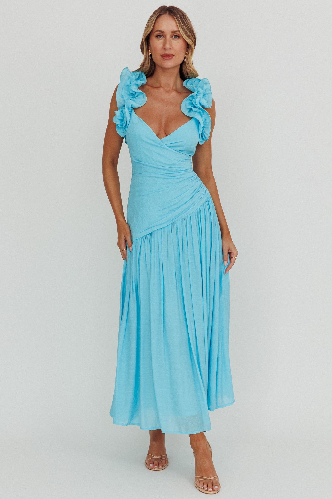 ruffle strap a-line dress in blue Sequin Ruffle Strap A-Line Dress in Light Blue