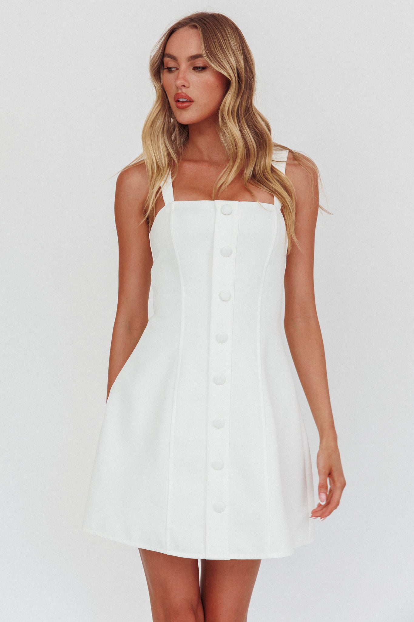 Stealing Sunshine Faux Button Front Mini Dress White by Selfie Leslie