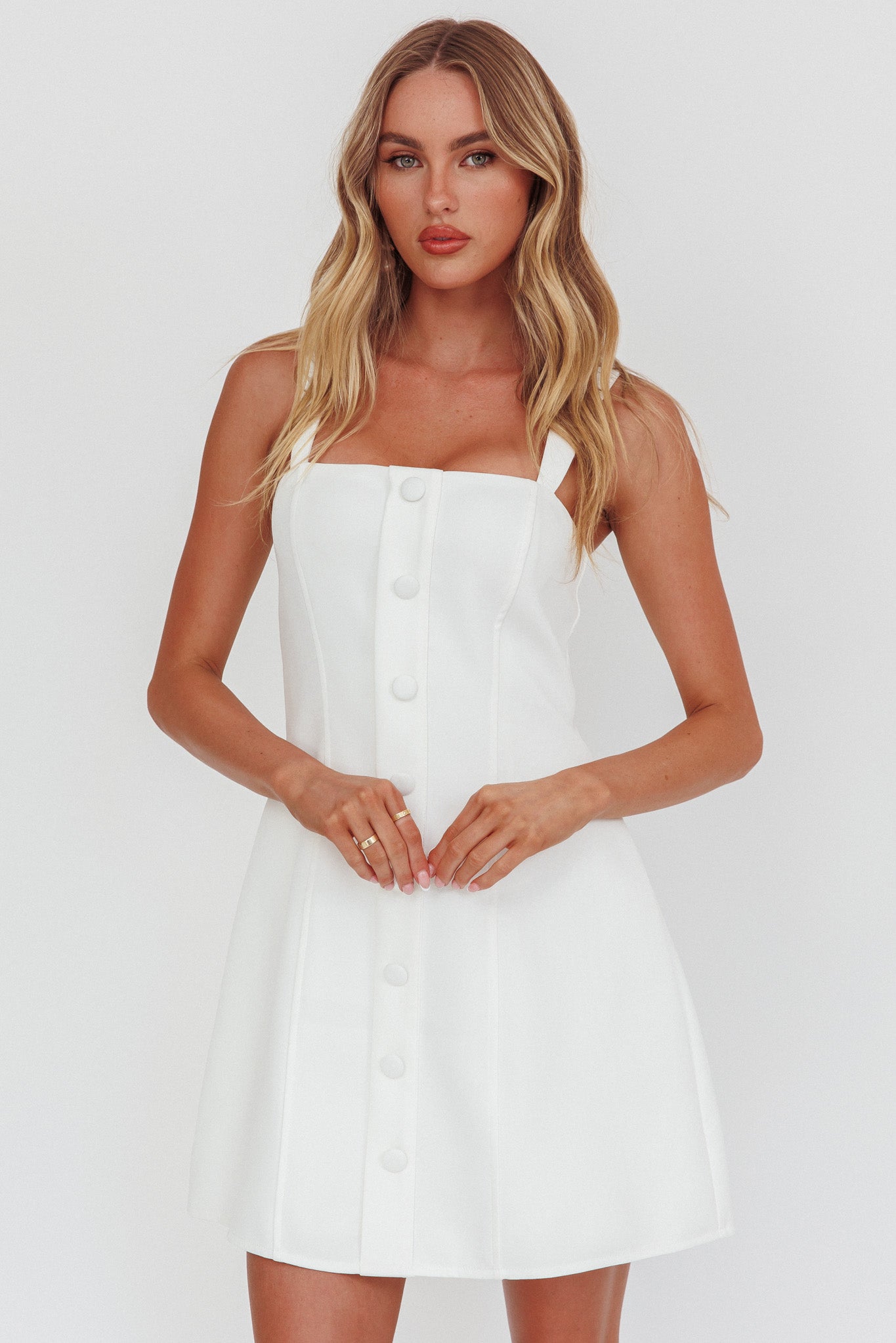Stealing Sunshine Faux Button Front Mini Dress White by Selfie Leslie