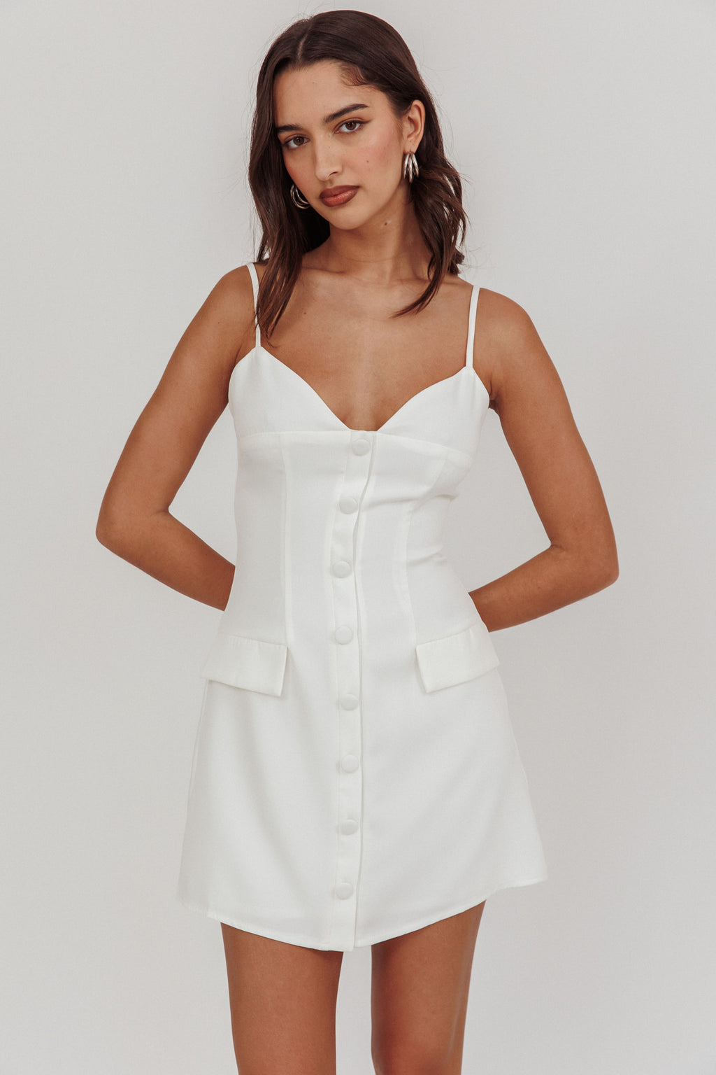So Good Front Button Mini Dress White by Selfie Leslie