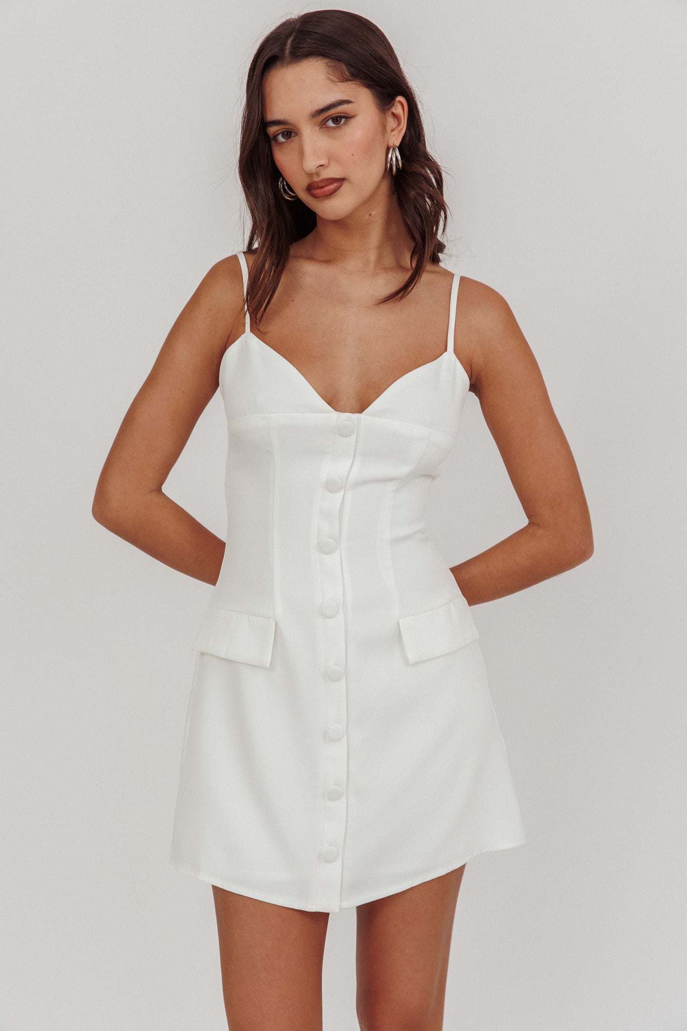 So Good Front Button Mini Dress White by Selfie Leslie