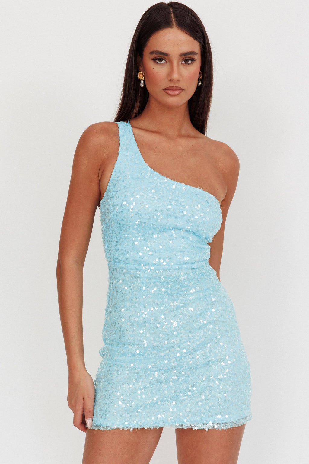 Disco Baby One-Shoulder Sequin Mini Dress Light Blue by Selfie Leslie