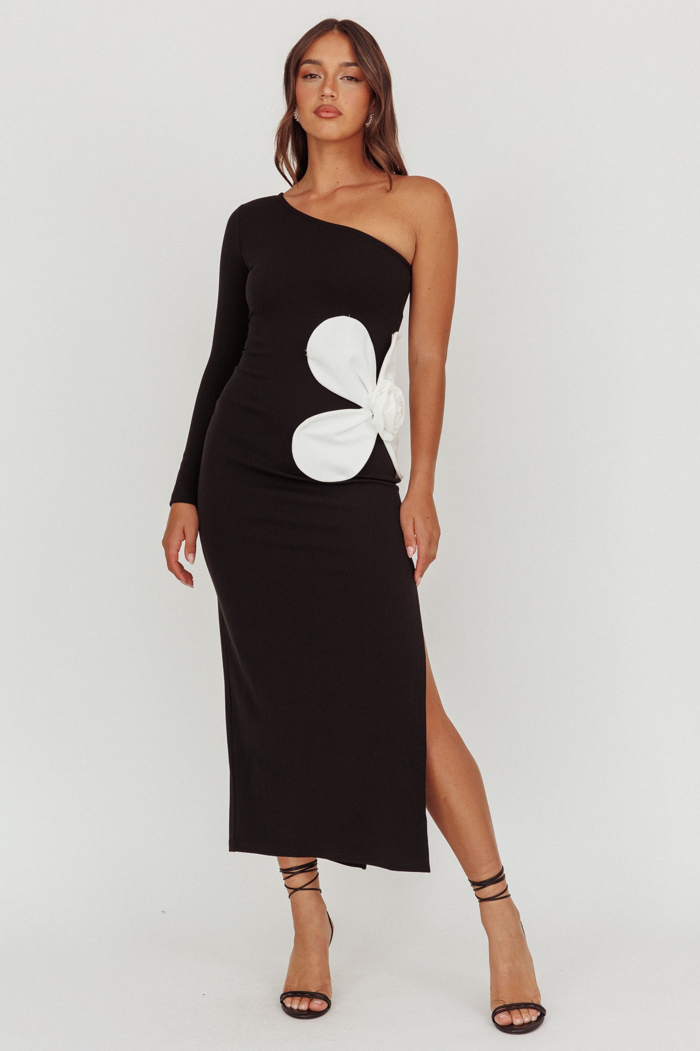 No Competition One-Shoulder Oversized Flower Maxi Dress Black by Selfie Leslie