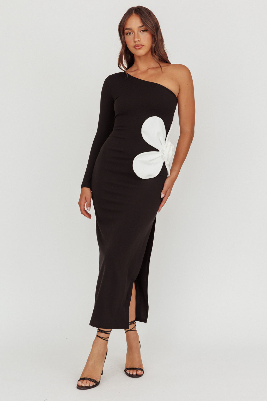 No Competition One-Shoulder Oversized Flower Maxi Dress Black by Selfie Leslie