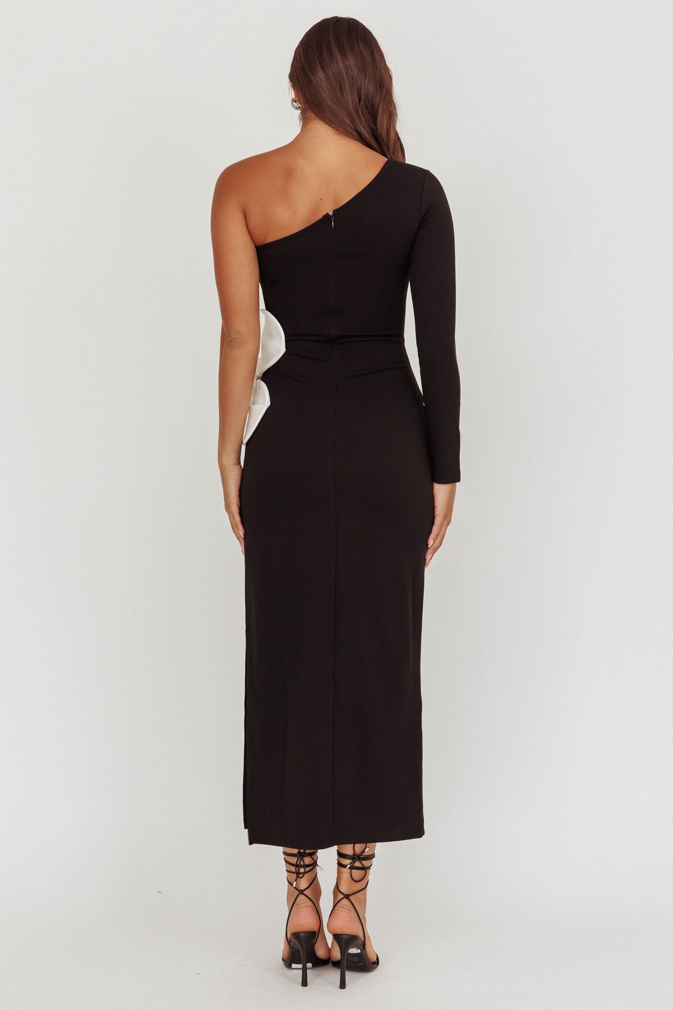 No Competition One-Shoulder Oversized Flower Maxi Dress Black by Selfie Leslie