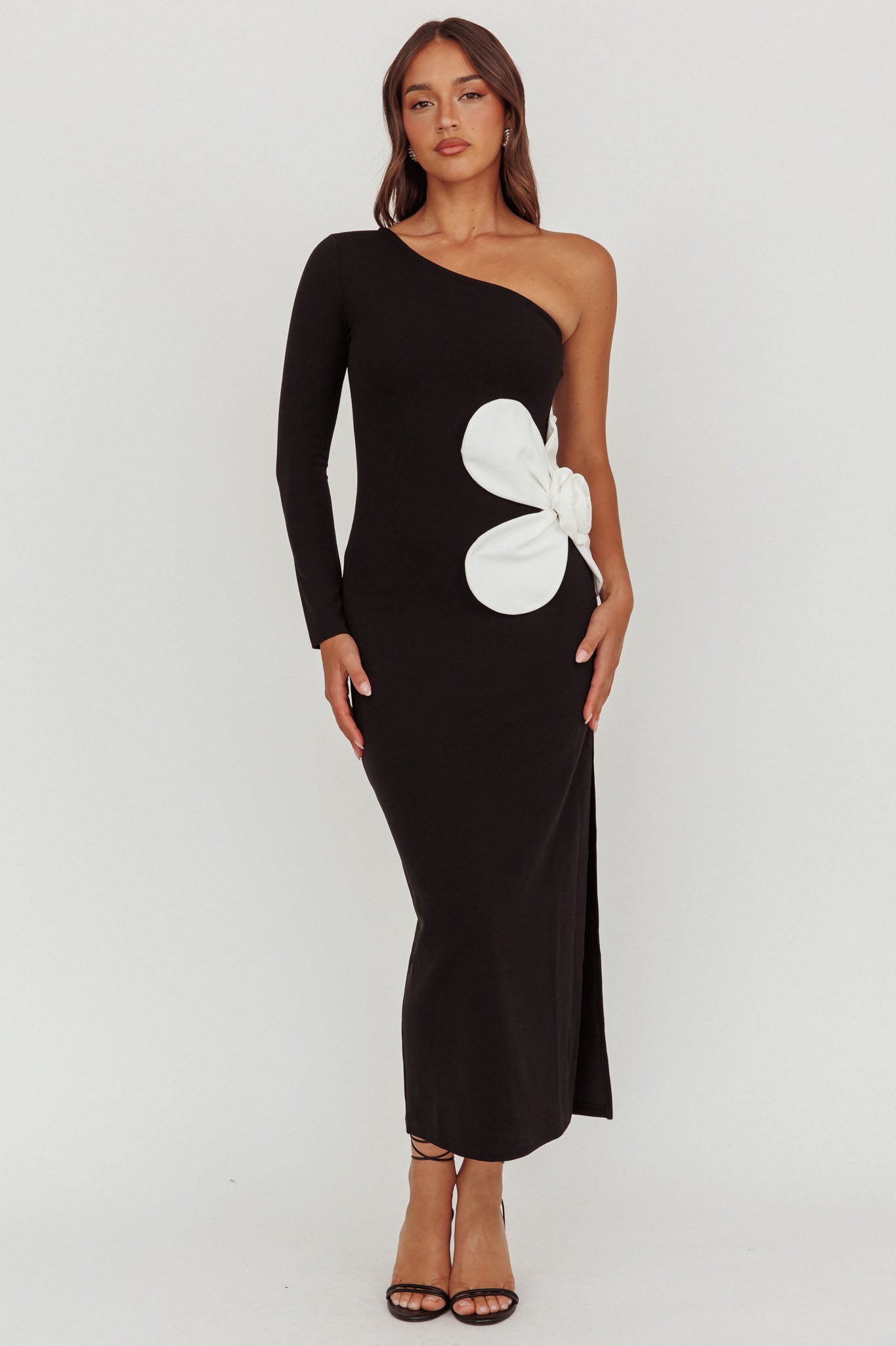 No Competition One-Shoulder Oversized Flower Maxi Dress Black by Selfie Leslie