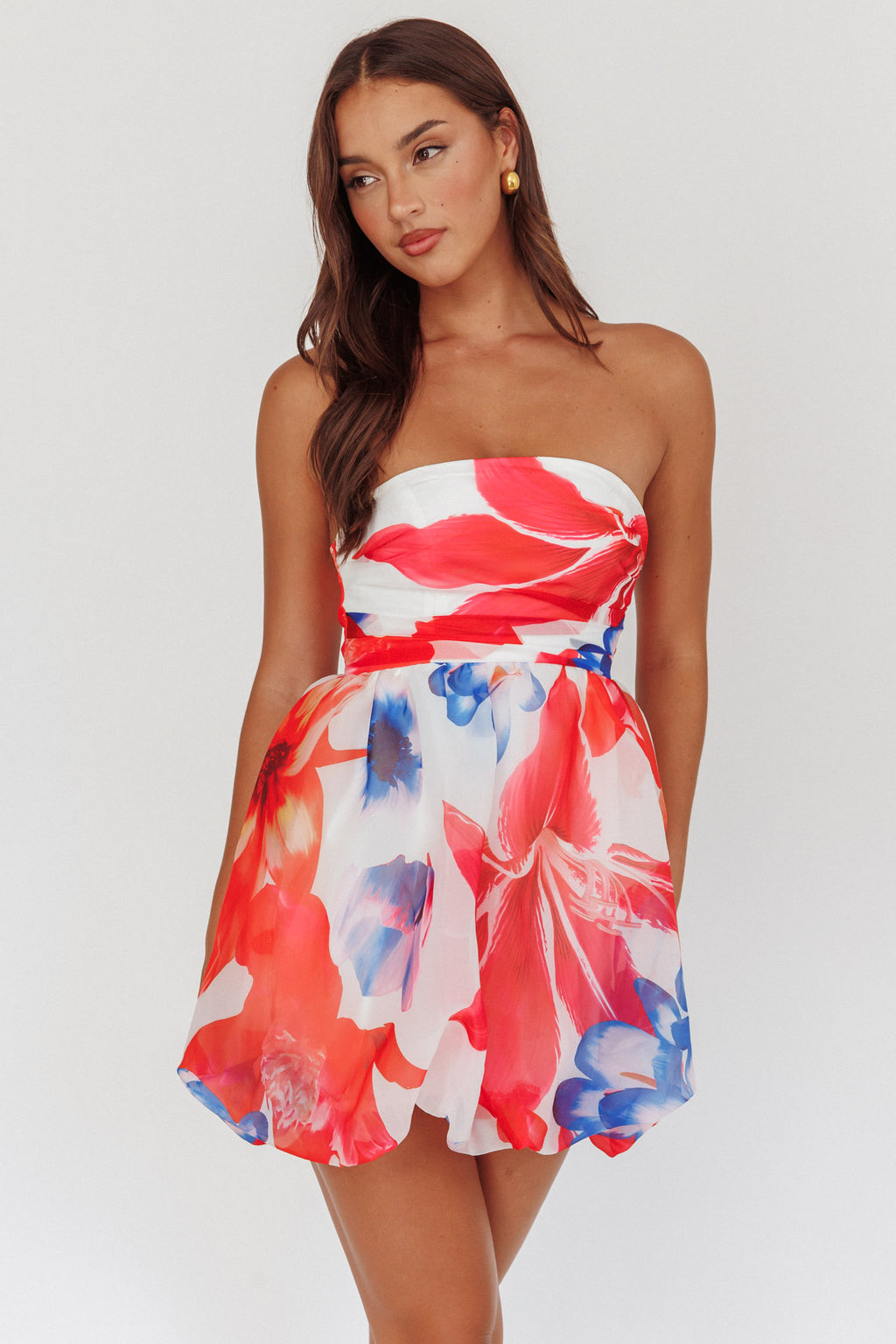 Kandi Strapless Bubble Hem Skirt Floral White by Selfie Leslie