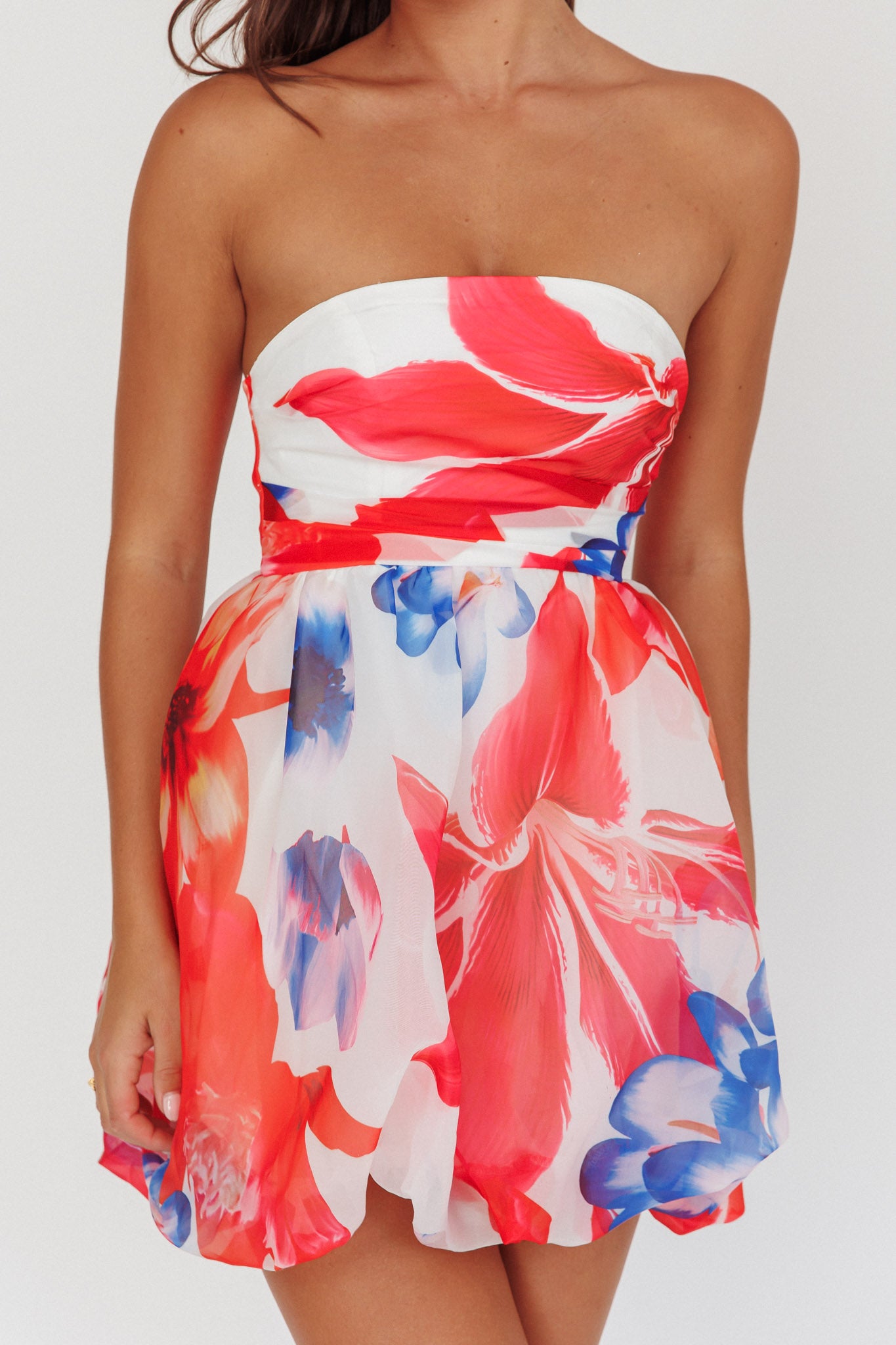 Kandi Strapless Bubble Hem Skirt Floral White by Selfie Leslie