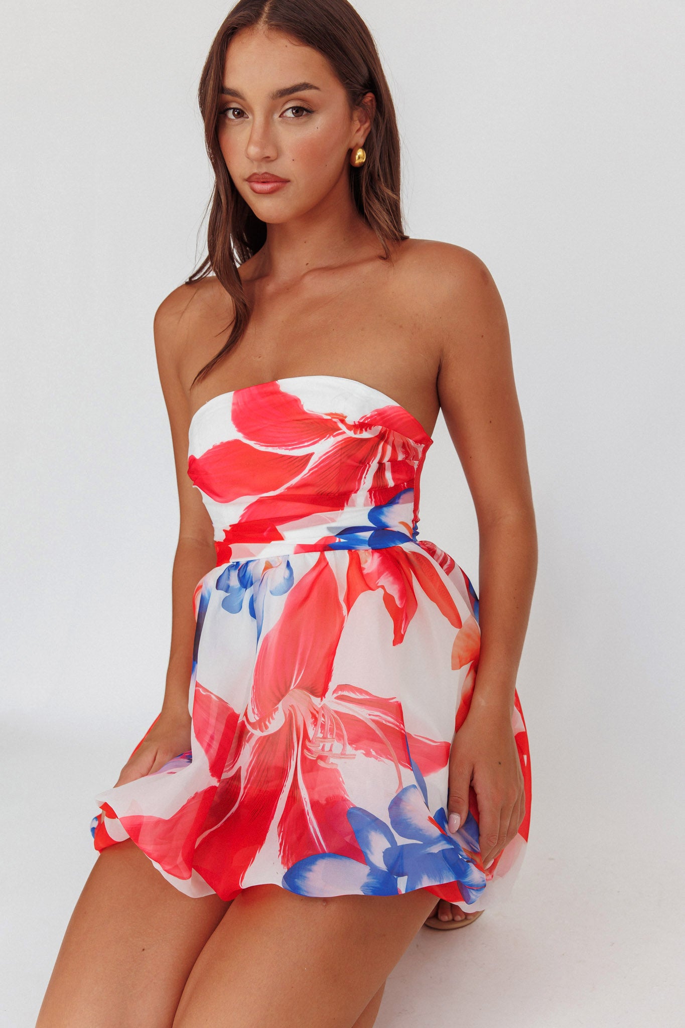 Kandi Strapless Bubble Hem Skirt Floral White by Selfie Leslie