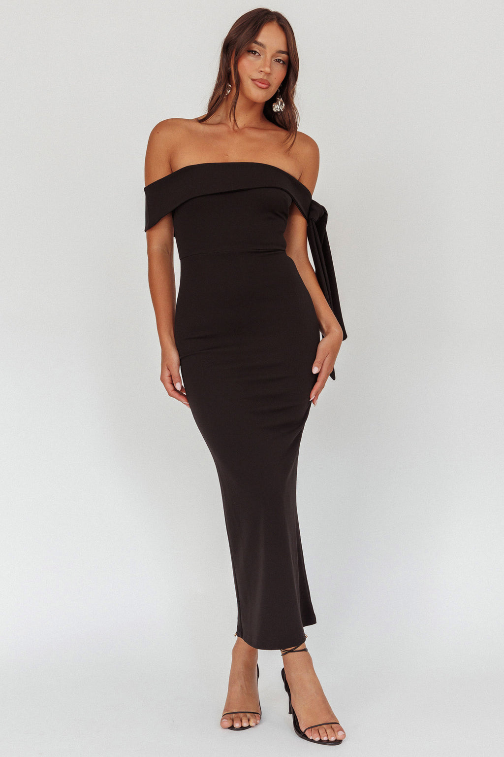Aurora Sky Off-Shoulder Tie Maxi Dress Black by Selfie Leslie