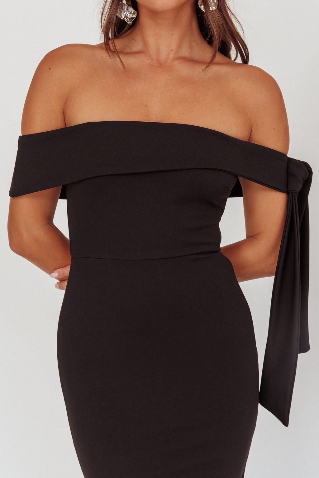 Aurora Sky Off-Shoulder Tie Maxi Dress Black by Selfie Leslie