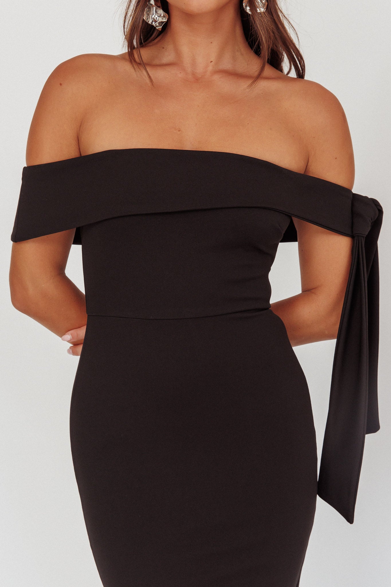 Aurora Sky Off-Shoulder Tie Maxi Dress Black by Selfie Leslie