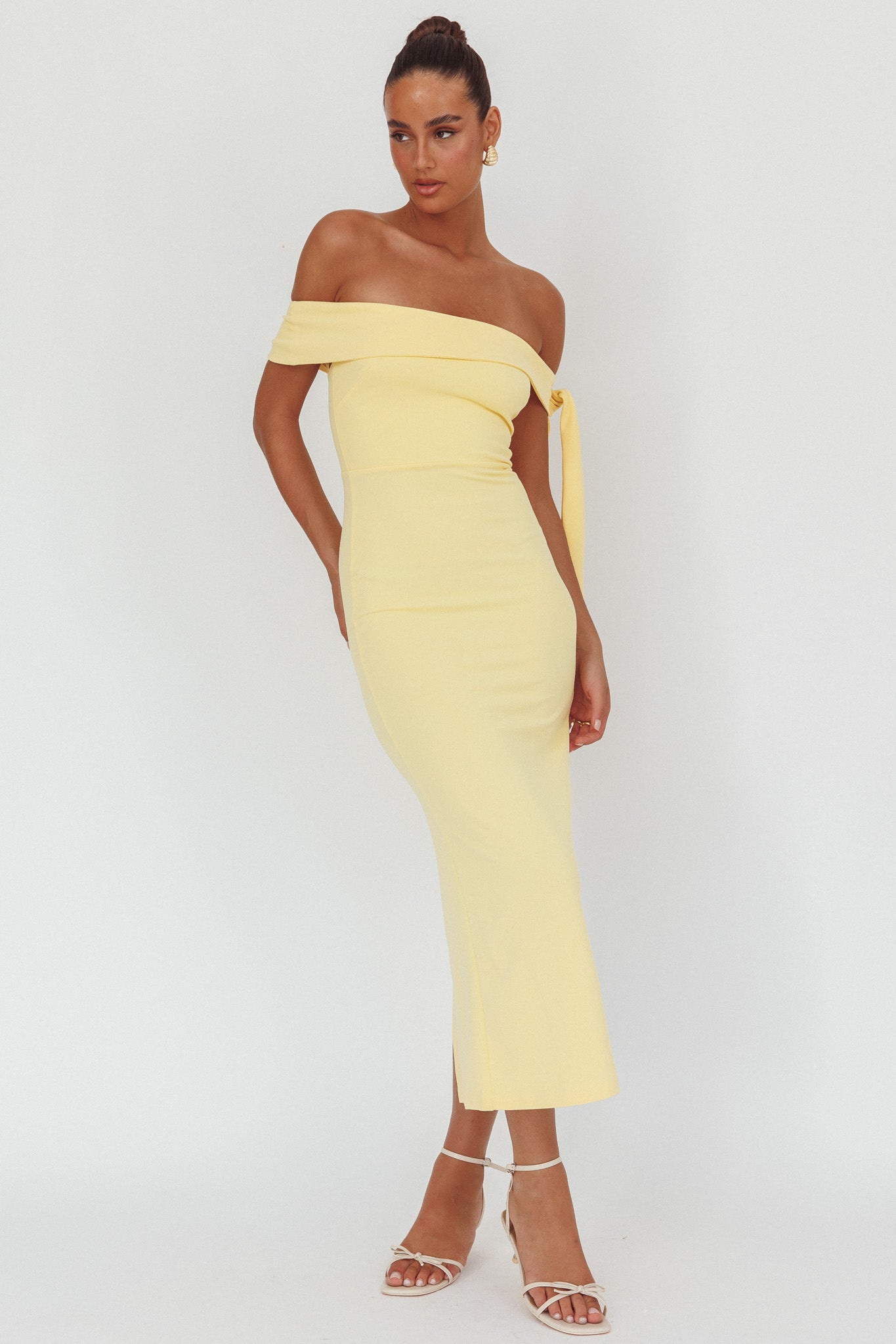 Aurora Sky Off-Shoulder Tie Maxi Dress Lemon by Selfie Leslie