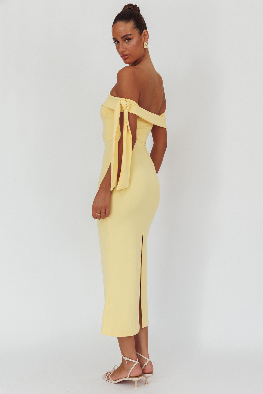 Aurora Sky Off-Shoulder Tie Maxi Dress Lemon by Selfie Leslie