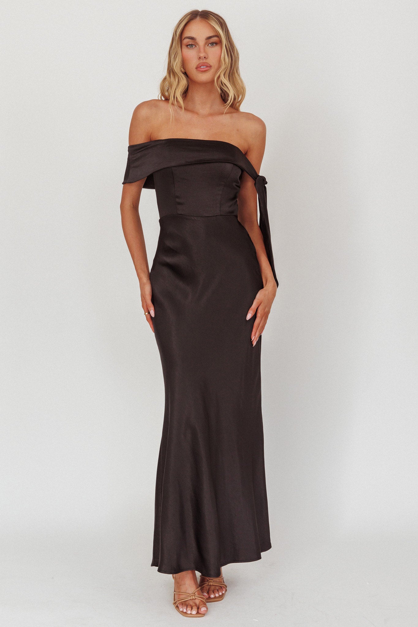 Aurora Sky Off-Shoulder Tie Maxi Dress Satin Black by Selfie Leslie