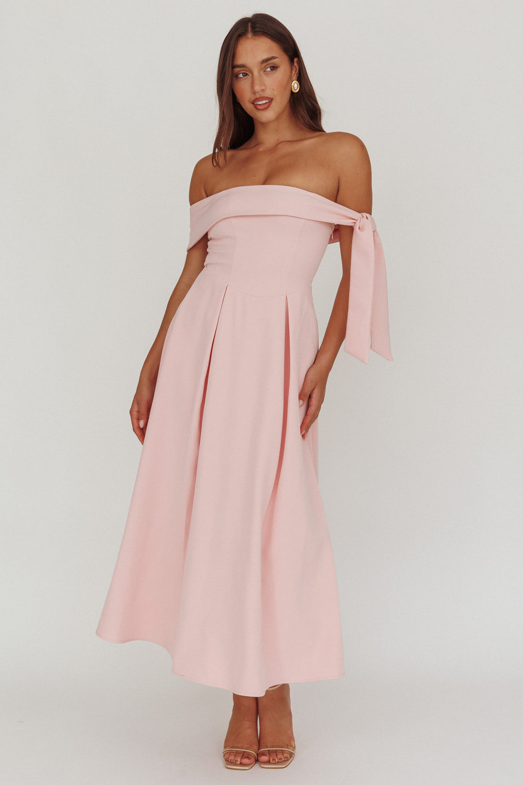 pink off the shoulder midi dress Aurora Sky Off-Shoulder Box Pleat Midi Dress Pink
