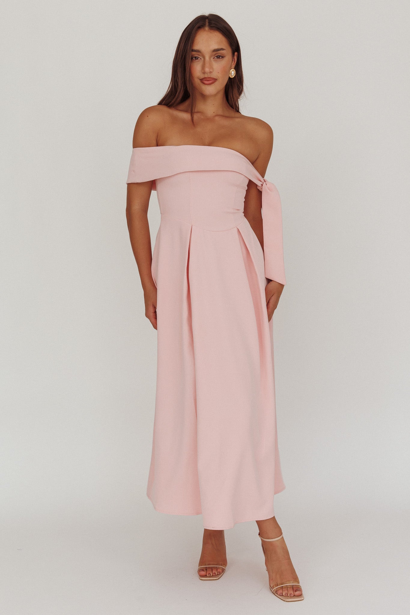 pink sky midi dress Aurora Sky Off-Shoulder Box Pleat Midi Dress Pink