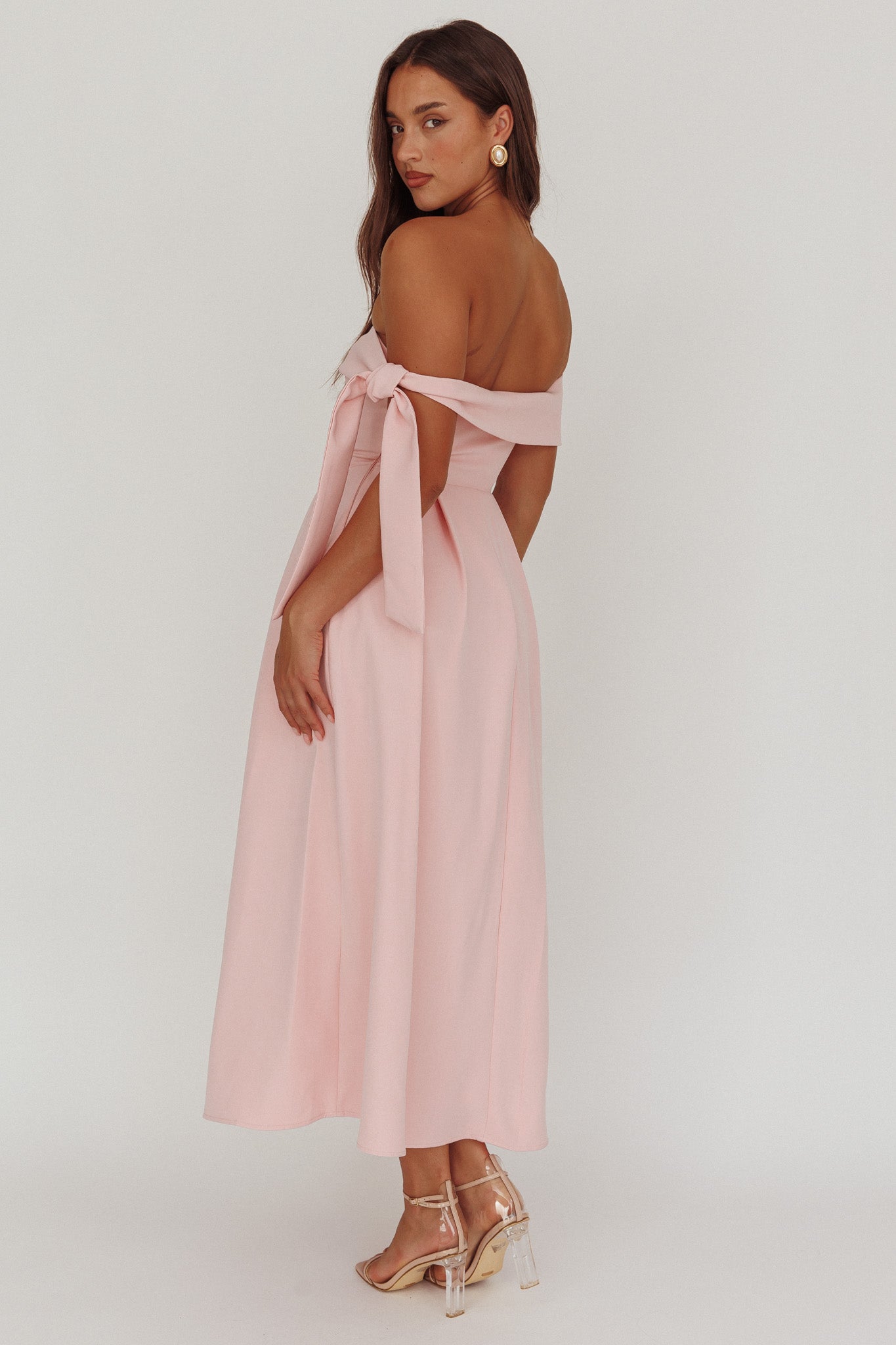 Aurora Sky Off-Shoulder Box Pleat Midi Dress Pink - S Aurora Sky Off-Shoulder Box Pleat Midi Dress Pink - S