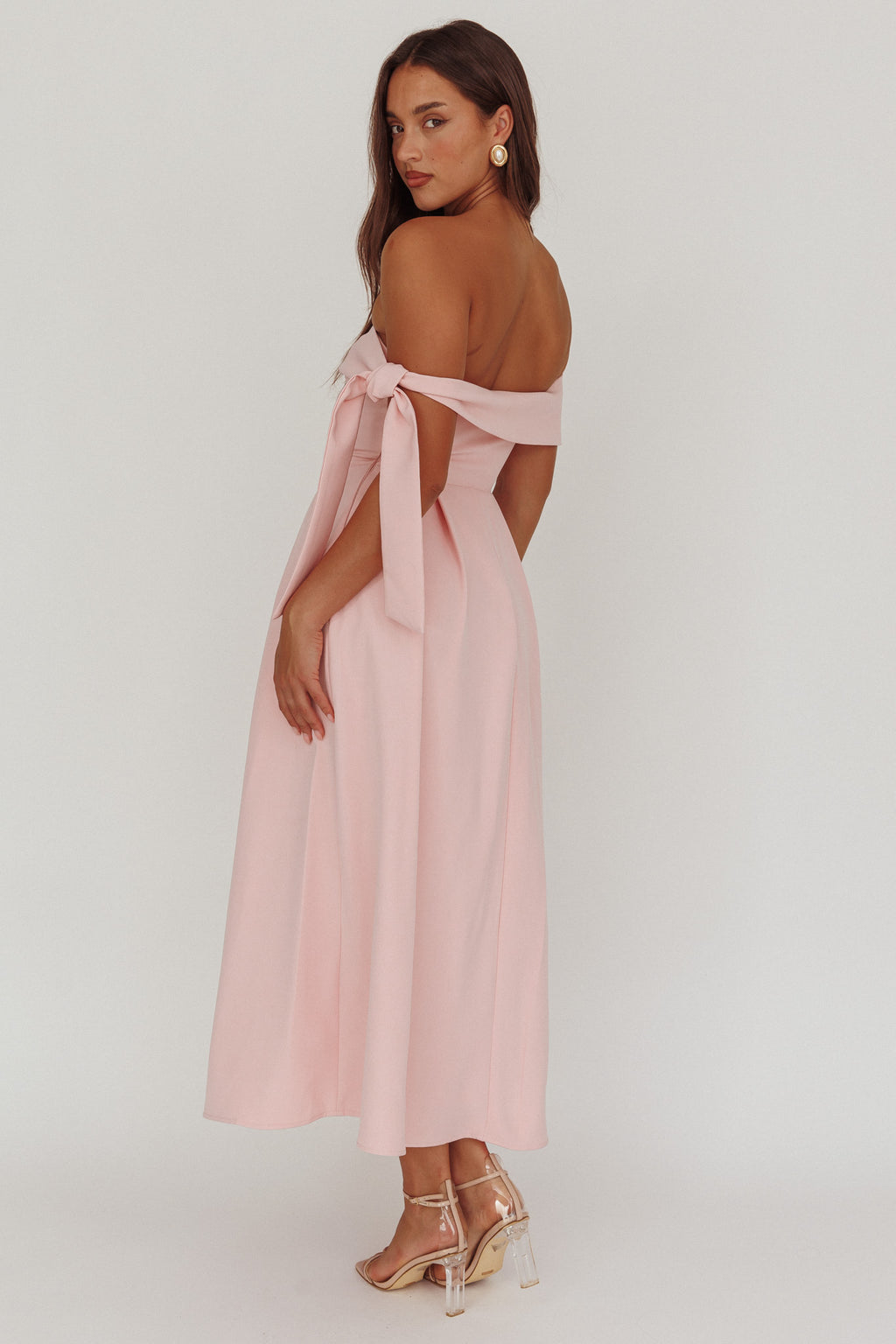 Aurora Sky Off-Shoulder Box Pleat Midi Dress Pink by Selfie Leslie