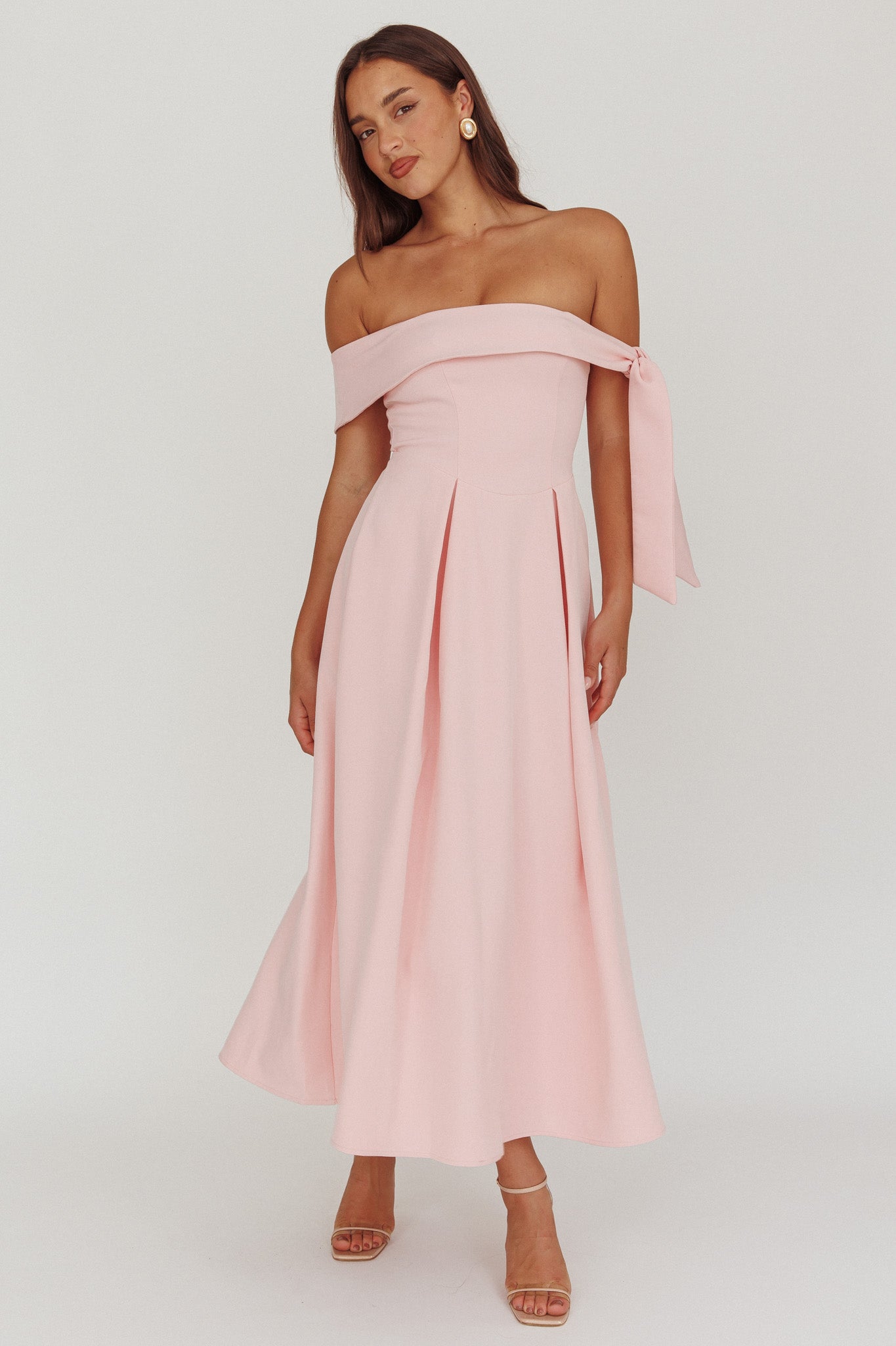 Aurora Sky Off-Shoulder Box Pleat Midi Dress Pink by Selfie Leslie