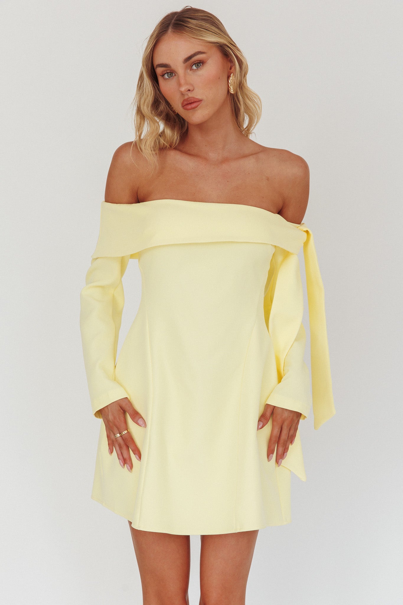 Aurora Sky Off-Shoulder Tie Mini Dress Lemon by Selfie Leslie
