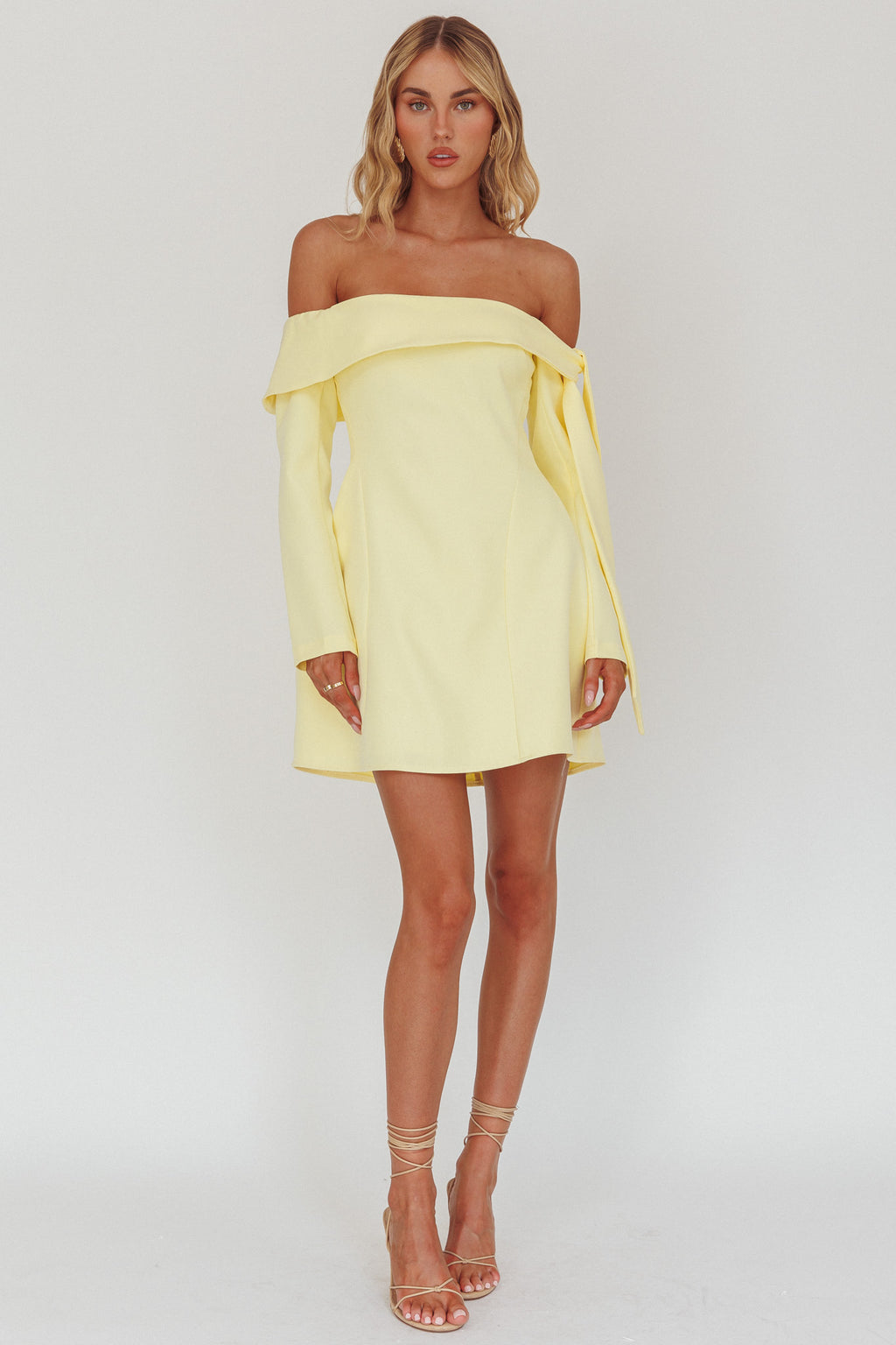 Aurora Sky Off-Shoulder Tie Mini Dress Lemon by Selfie Leslie