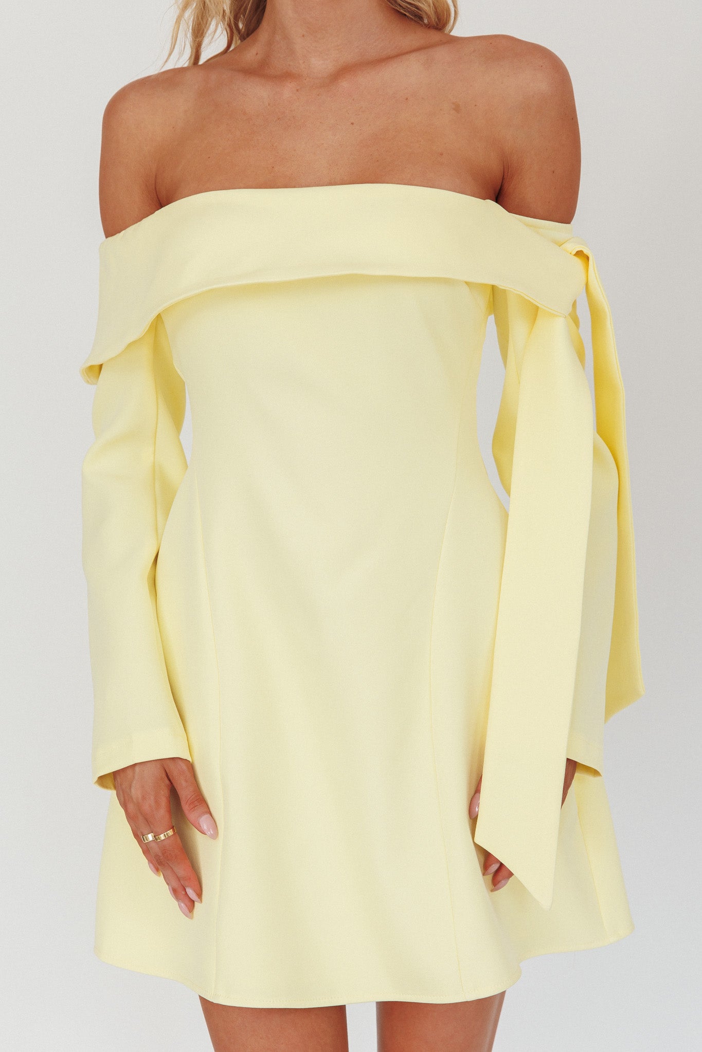 Aurora Sky Off-Shoulder Tie Mini Dress Lemon by Selfie Leslie