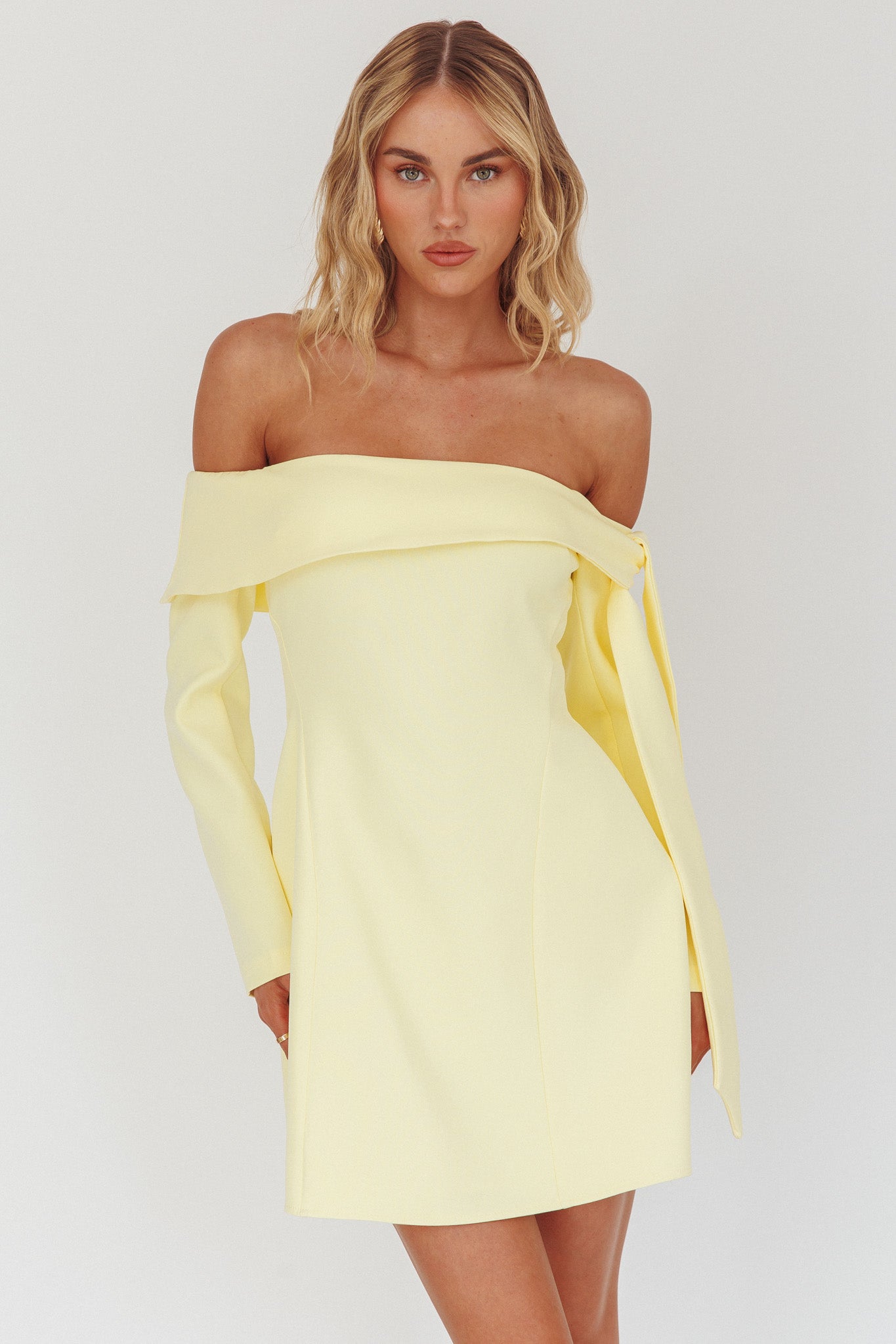 Aurora Sky Off-Shoulder Tie Mini Dress Lemon by Selfie Leslie