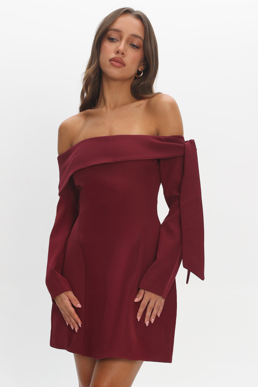 Aurora Sky Off-Shoulder Tie Mini Dress Wine